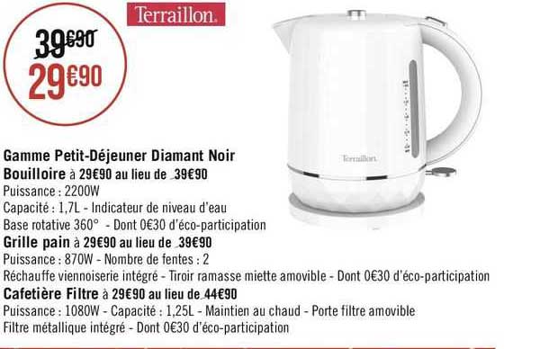 gamme petit-déjeuner diamant noir bouilloire, grille pain, cafetière filtre