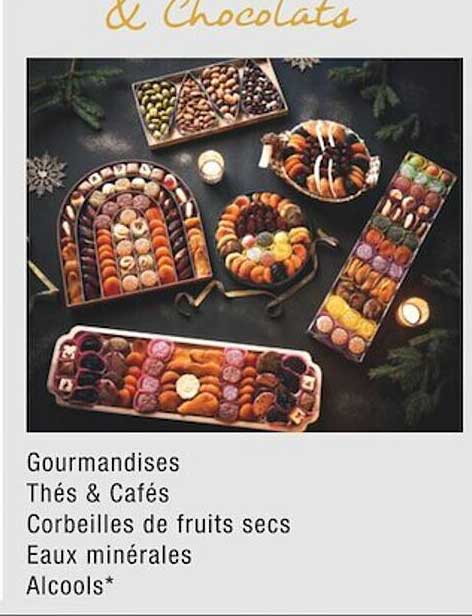 gourmandises thés & cafés, corbeilles de fruits secs, eaux minérales, alcools