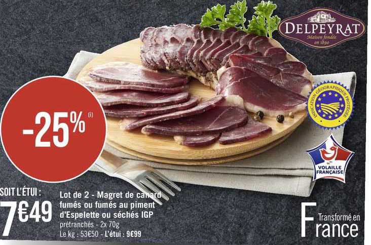lot de 2 magret de canard fumés ou fumés au piment d'espelette ou séchés igp
