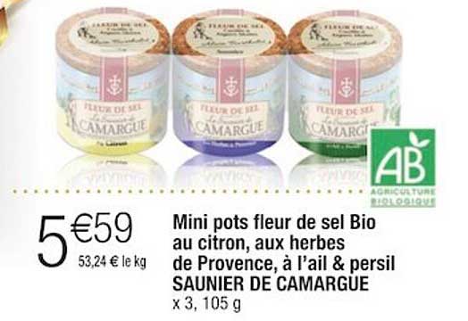 mini pots fleur de sel bio au citron, aux herbes de provence, à l'ail & persil saunier de camargue