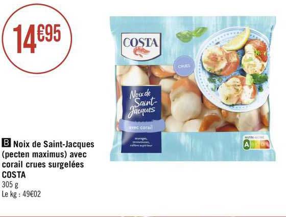 noix de saint-jacques (pecten maximus) avec corail crues surgelées costa