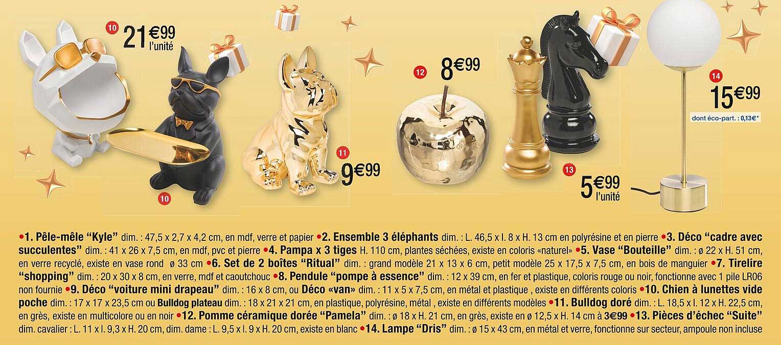 pêle-mêle "kyle", ensemble 3 éléphants, déco "cadre avec succulentes", pampa x3 tiges, vase "bouteille", set de 2 boîtes "rituel", tirelire "shopping", pendule "pompe à essence", déco "voiture"