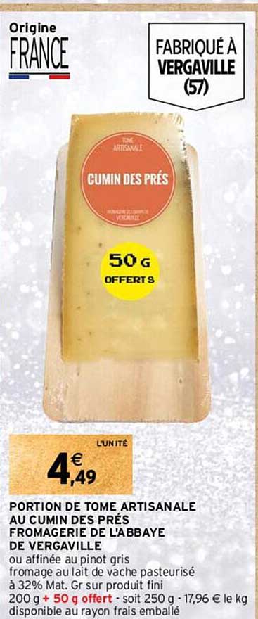 portion de tome artisanale au cumin des prés fromagerie de l'abbaye de vergaville