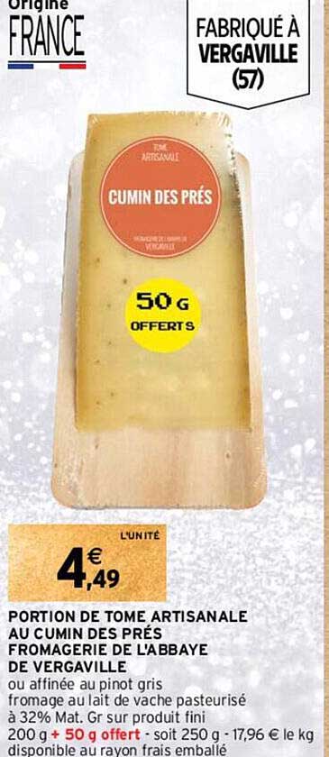 portion de tome artisanale au cumin des prés fromagerie de l'abbaye de vergaville