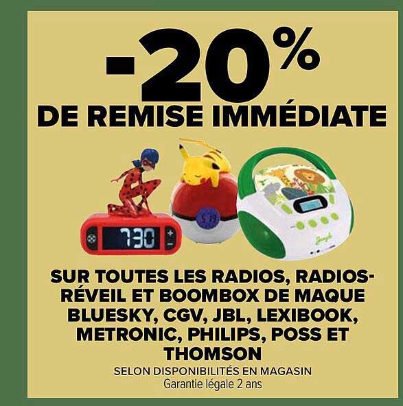 radios, radios-réveil et boombox de maque bluesky, cgv, jbl, lexibook, metronic, philips, poss et thomson