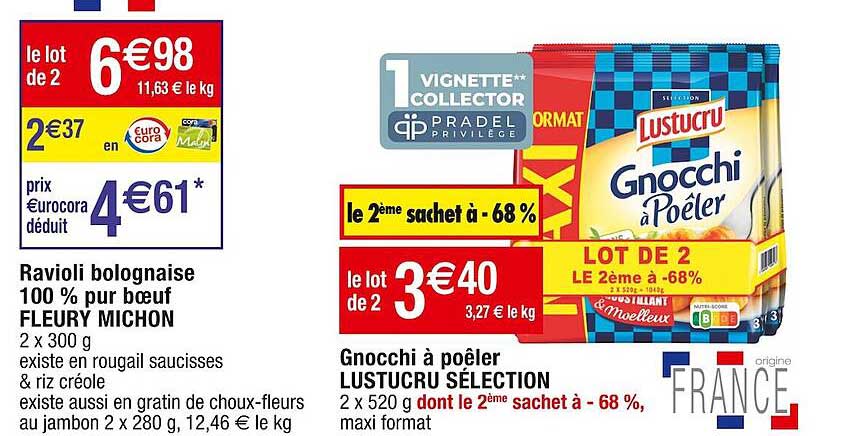 ravioli bolognaise 100% pur bœuf fleury michon, gnocchi à poêler lustucru sélection