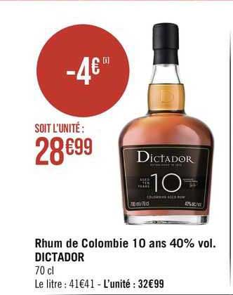 rhum de colombie 10 ans 40% vol. dictador