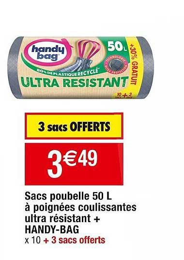 sacs poubelle 50 l à poignées coulissantes ultra résistant + handy-bag