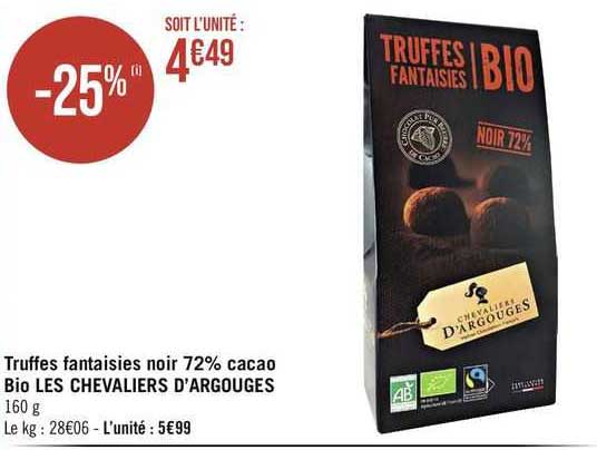 truffes fantaisies noir 72% cacao bio les chevaliers d'argouges