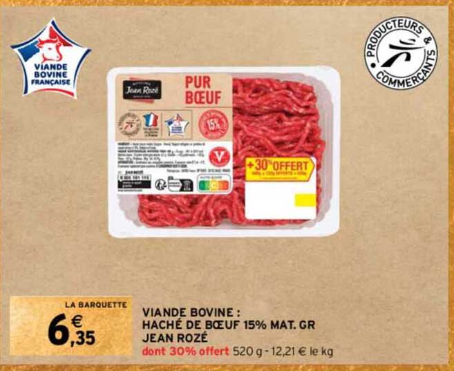 viande bovine : haché de bœuf 15% mat. gr jean rozé