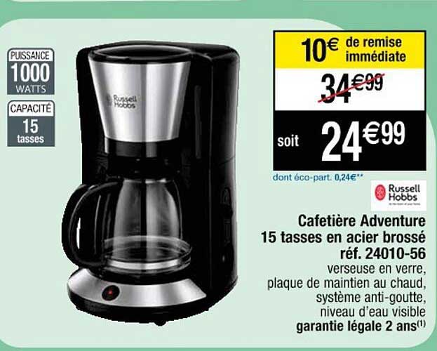 cafetière adventure 15 tasses en acier brossé russell hobbs