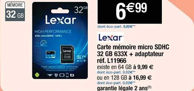 carte mémoire micro sdhc 32 gb 633x + adaptateur lexar
