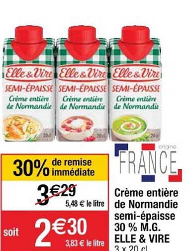 crème entière de normandie semi-épaisse 30% m.g. elle & vire