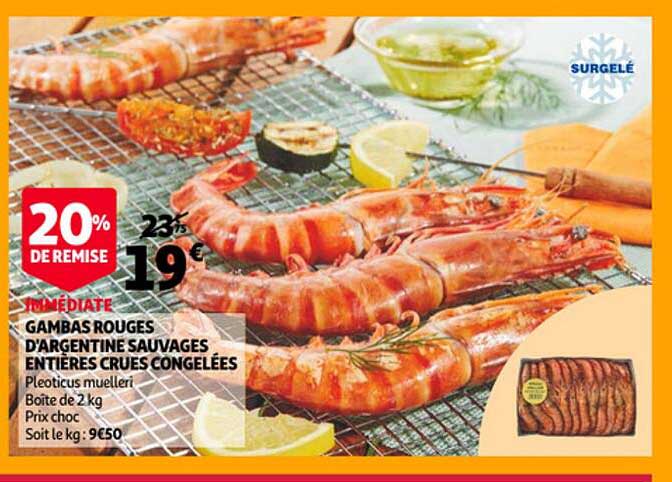 gambas rouges d'argentine sauvages entières crues congelées