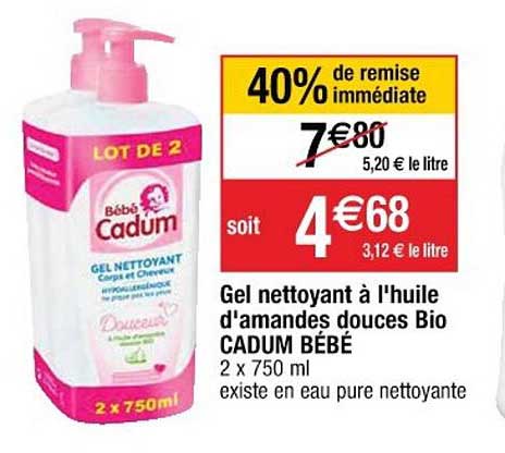gel nettoyant à l'huile d'amandes douces bio cadum bébé