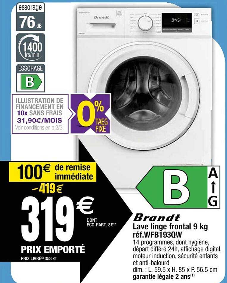 lave linge frontal 9 kg brandt