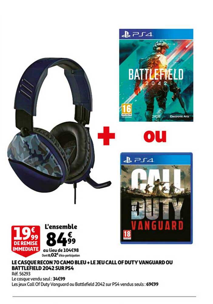 le casque recon 70 camo bleu + le jeu call of duty vanguard ou battlefield 2042 ps4