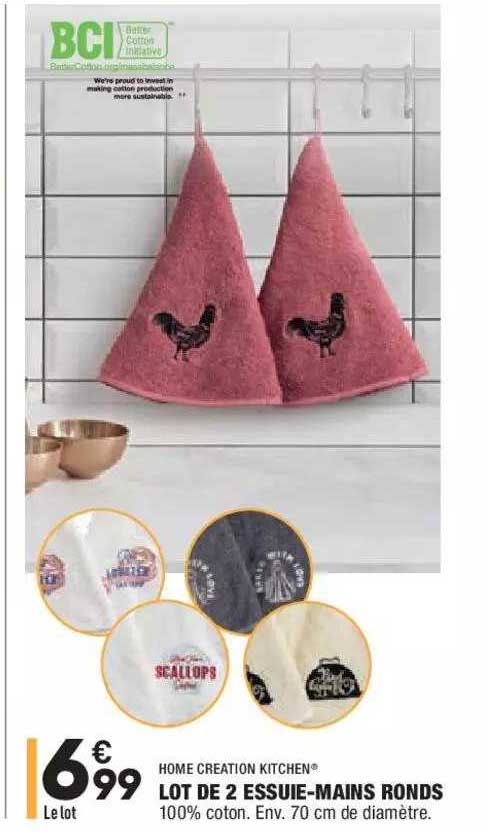 lot de 2 essuie-mains ronds home creation kitchen