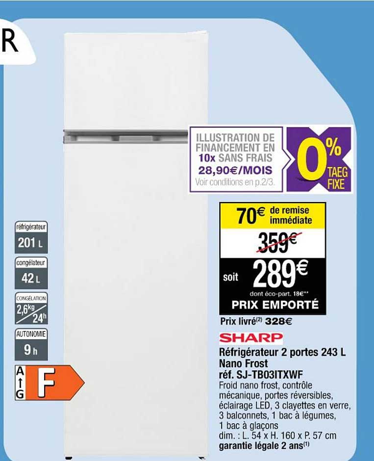 réfrigérateur 2 portes 243 l nano frost sharp