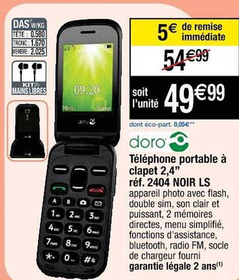 téléphone portable à clapet 2,4" 2404 noir ls doro
