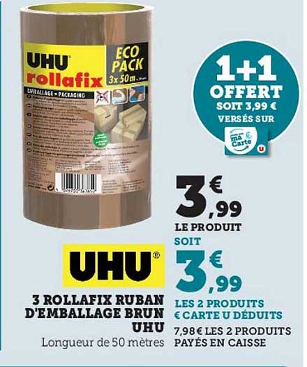 3 rollafix ruban d'emballage brun uhu