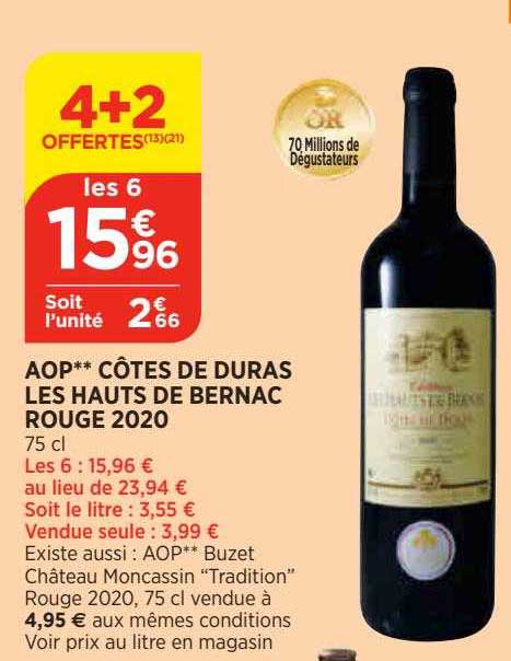 aop** côtes de duras les hauts de bernac rouge 2020 4+2 offertes