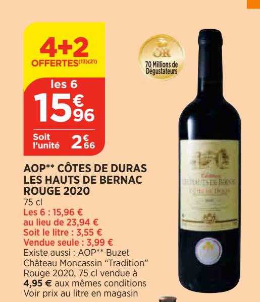 Aop** Côtes De Duras Les Hauts De Bernac Rouge 2020 4+2 Offertes