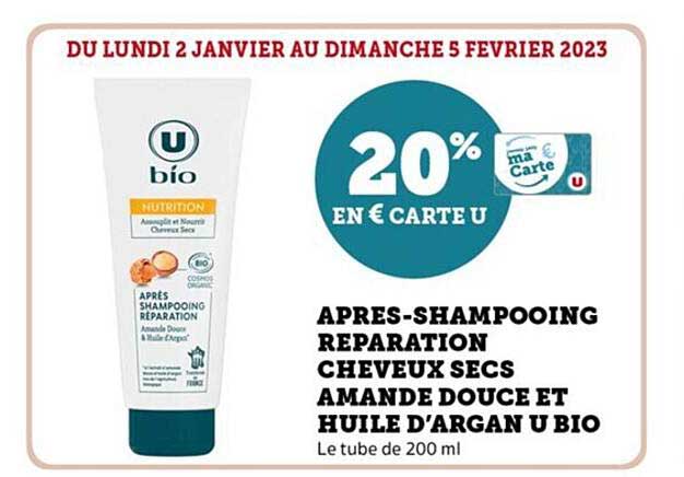 après-shampooing réparation cheveux secs amande douce et huile d'argan u bio