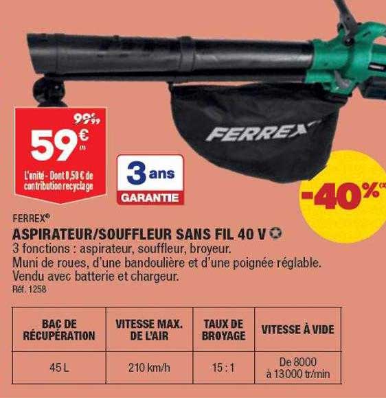 aspirateur-souffleur sans fil 40 v ferrex