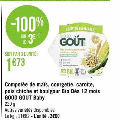 compotée de maïs, courgette, carotte, pois chiche et boulgour bio dès 12 mois good goût baby