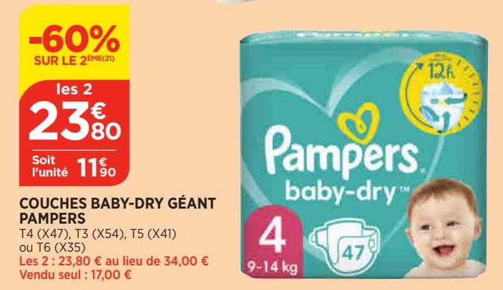 couches baby-dry géant pampers -60% sur le 2ème