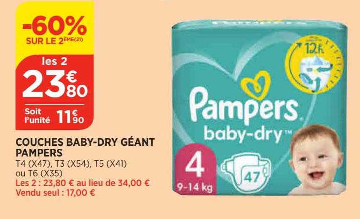 couches baby-dry géant pampers -60% sur le 2ème