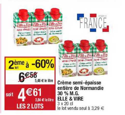 crème semi-épaisse entière de normandie 30% m.g. elle & vire