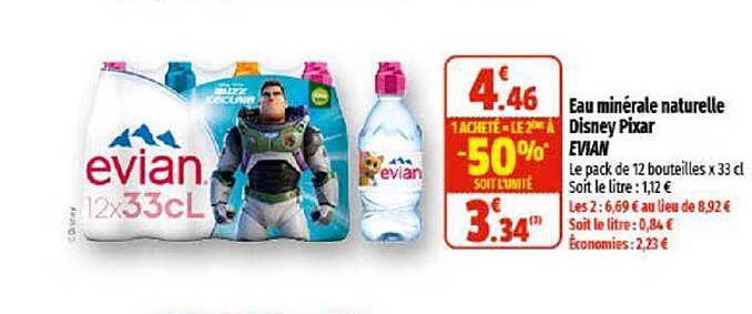 eau minérale naturalle disney pixar evian 1 acheté = le 2èma à -50%