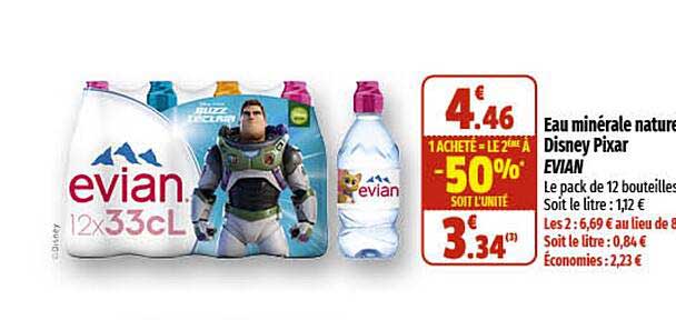 eau minérale naturelle disney pixar evian 1 acheté = le 2ème à -50%