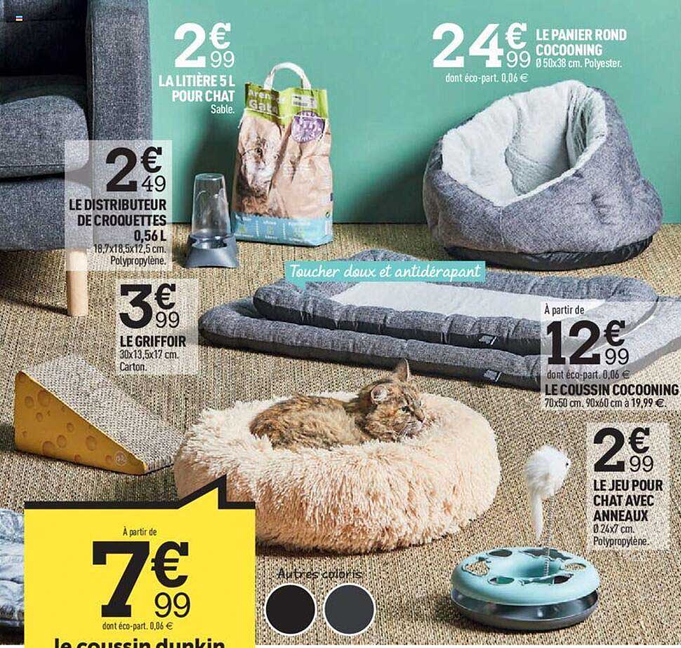 la litière 5l pour chat, le distributeur de croquettes 0,56l, le griffoir, le panier rond cocooning, le coussin cocooning, le jeu pour chat avec anneaux