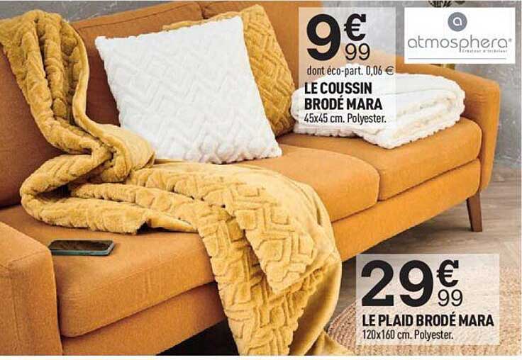 le coussin brodé mara atmosphera, le plaid brodé mara atmosphera