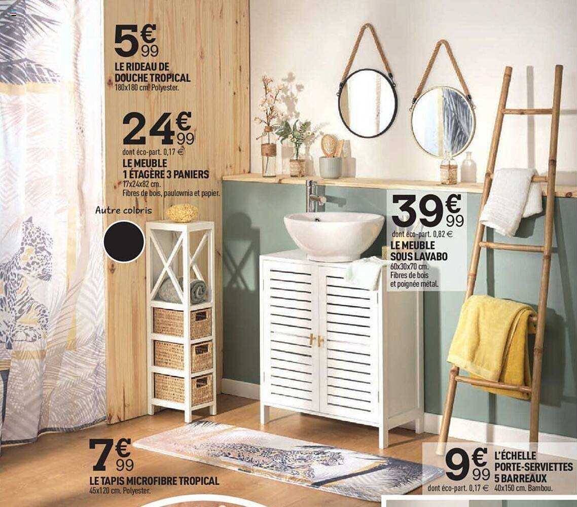 le rideau de douche tropical, le meuble 1 étagère 3 paniers, le meuble sous lavabo, l'échelle porte-serviettes 5 barreaux, le tapis microfibre tropical