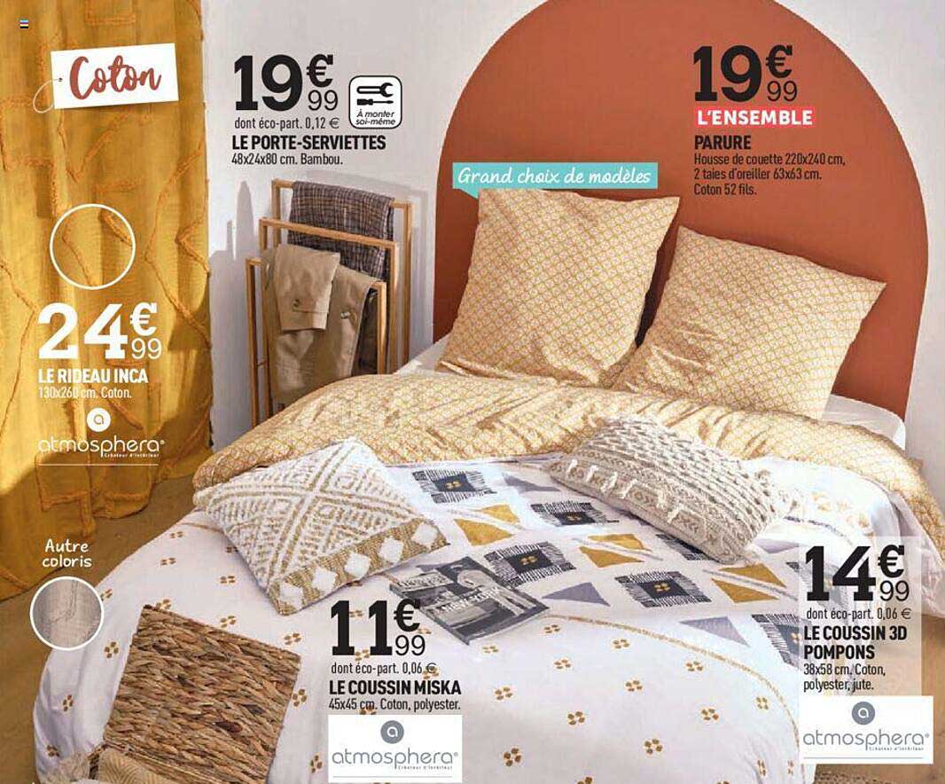 le rideau inca atmosphera, le coussin miska atmosphera, le porte-serviettes, parure, le coussin 3d pompons atmosphera