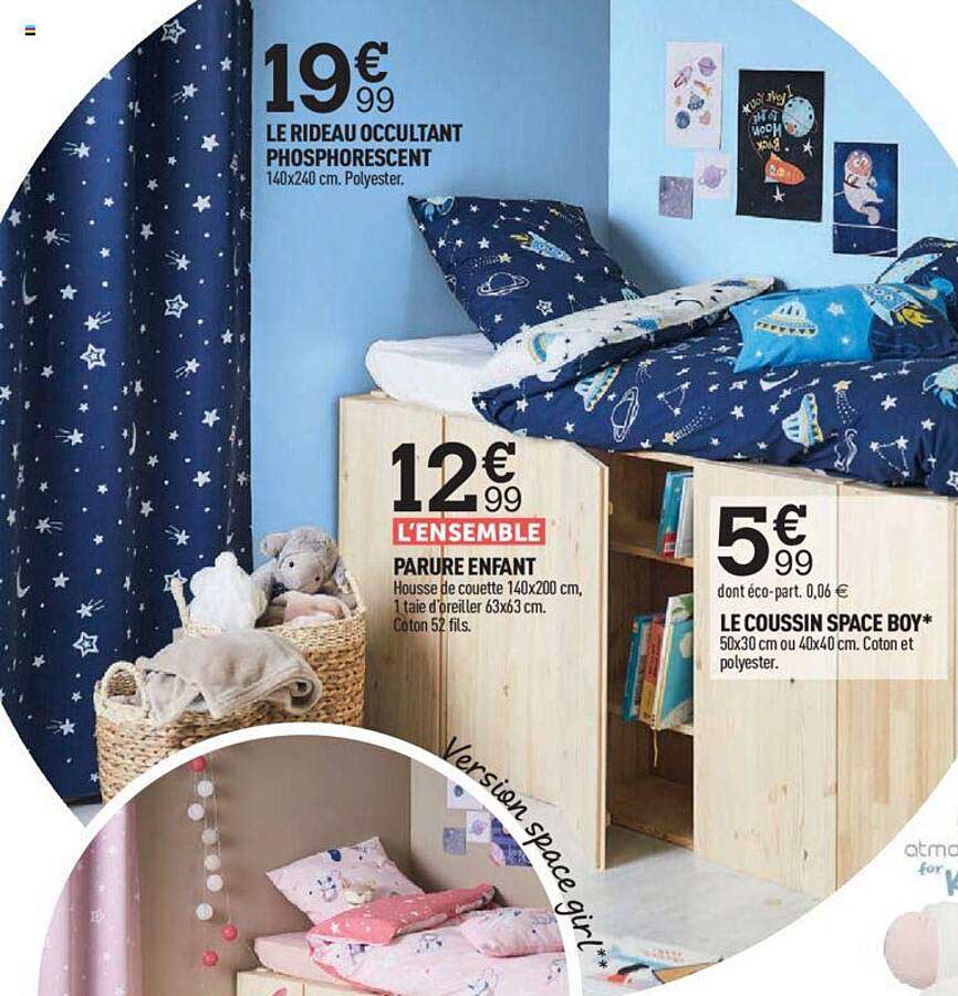 le rideau occultant phosphorescent, parure enfant, le coussin space boy