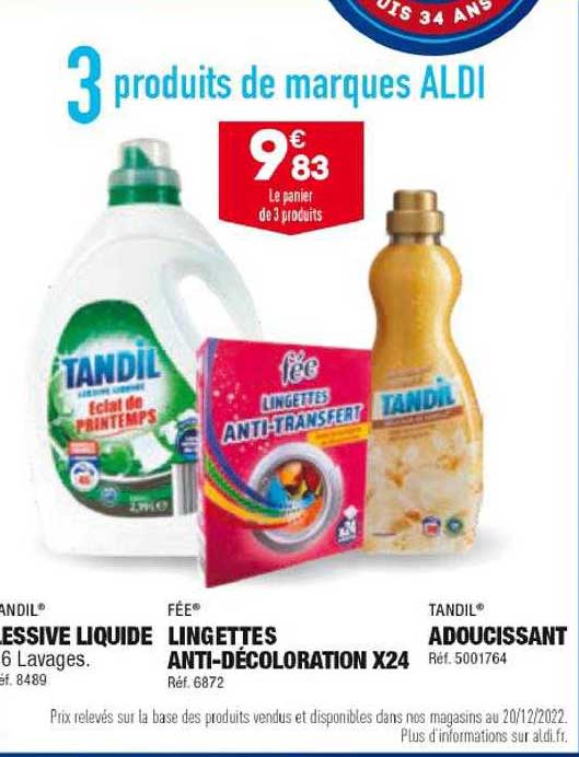 lessive liquide tandil, lingettes anti-décoloration x24, adoucissant tandil