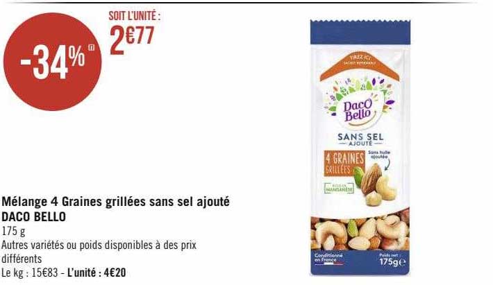 mélange 4 graines grillées sans sel ajouté daco bello