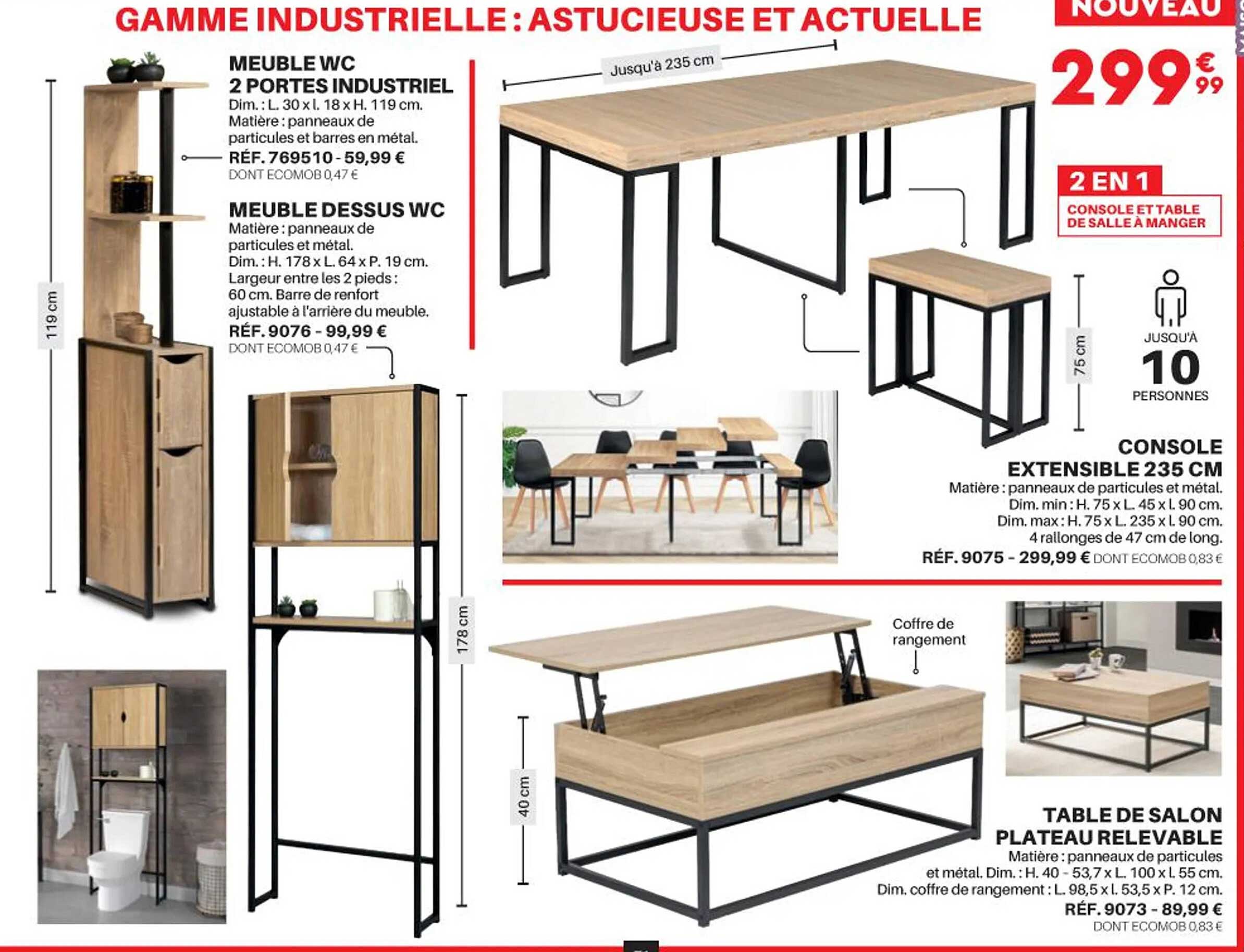 meuble wc 2 portes industriel, meuble dessus wc, console extensible 235 cm, table de salon plateau relevable
