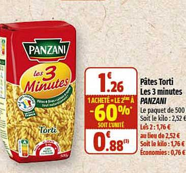 pâtes torti les 3 minutes panzani 1 acheté = le 2ème à -60%