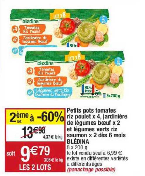 petits pots tomates riz poulet x 4, jardinière de légumes bœuf x 2 et légumes verts riz saumon x 2 dès 6 mois blédina