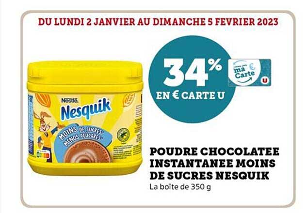 poudre chocolatée instantanée moins de sucres nesquik