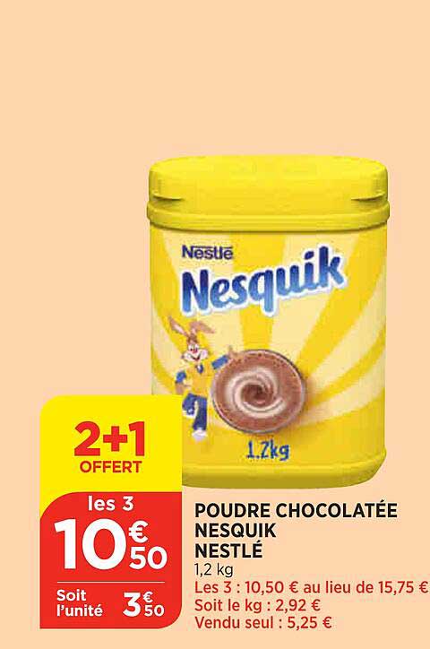 poudre chocolatée nesquik nestlé 2+1 offert
