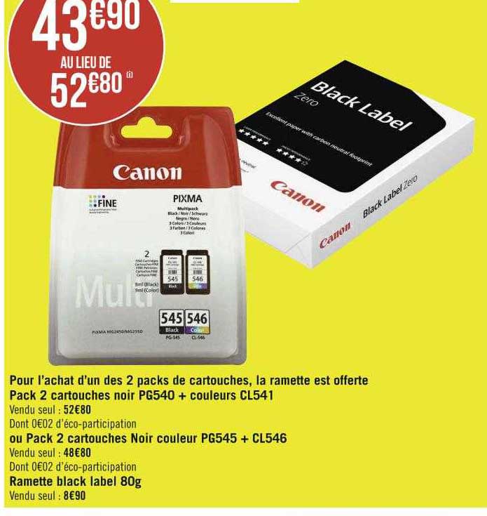 pour l'achat d'un des 2 packs de cartouches, la ramette est offerte, pack 2 cartouches noir pg540 + couleurs cl541 ou pack 2 cartouches noir couleur pg545 + cl546, ramette black label 80g