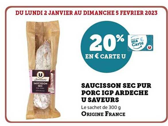 Saucisson Sec Pur Porc Igp Ardèche U Saveurs