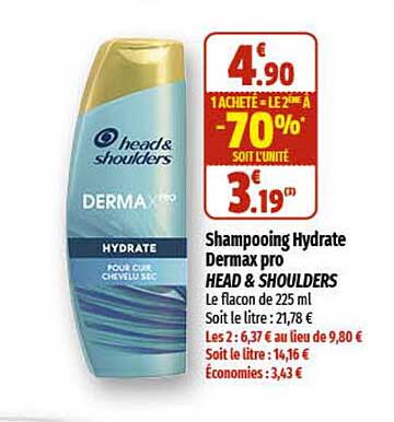 shampooing hydrate dermax pro head & shoulders 1 acheté = le 2ème à -70%